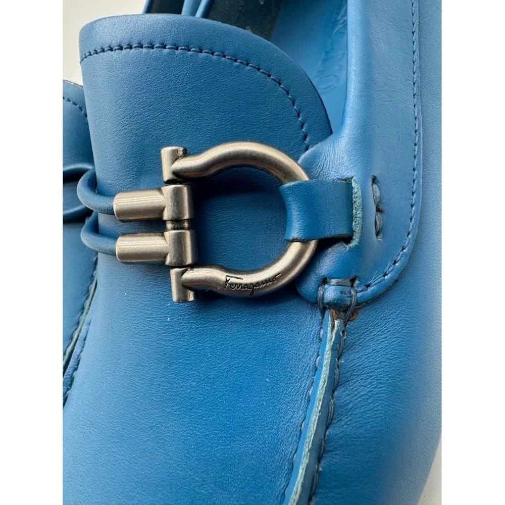 Salvatore Ferragamo Paris Blue Leather Gancini Driving Loafers Mens 8.5 D Italy
